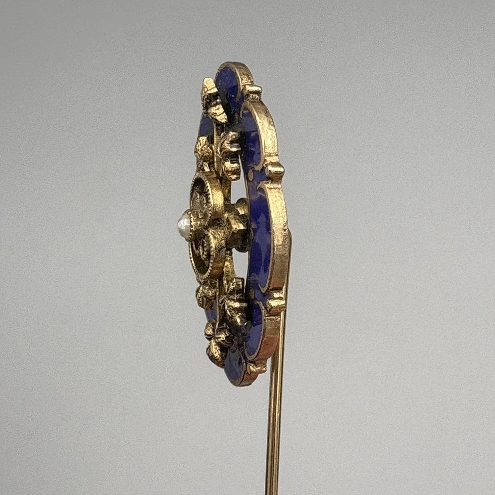 Antique Estate Stick Pin Blue Enamel Faux Pearl Regal Gold Vines and Pinstop